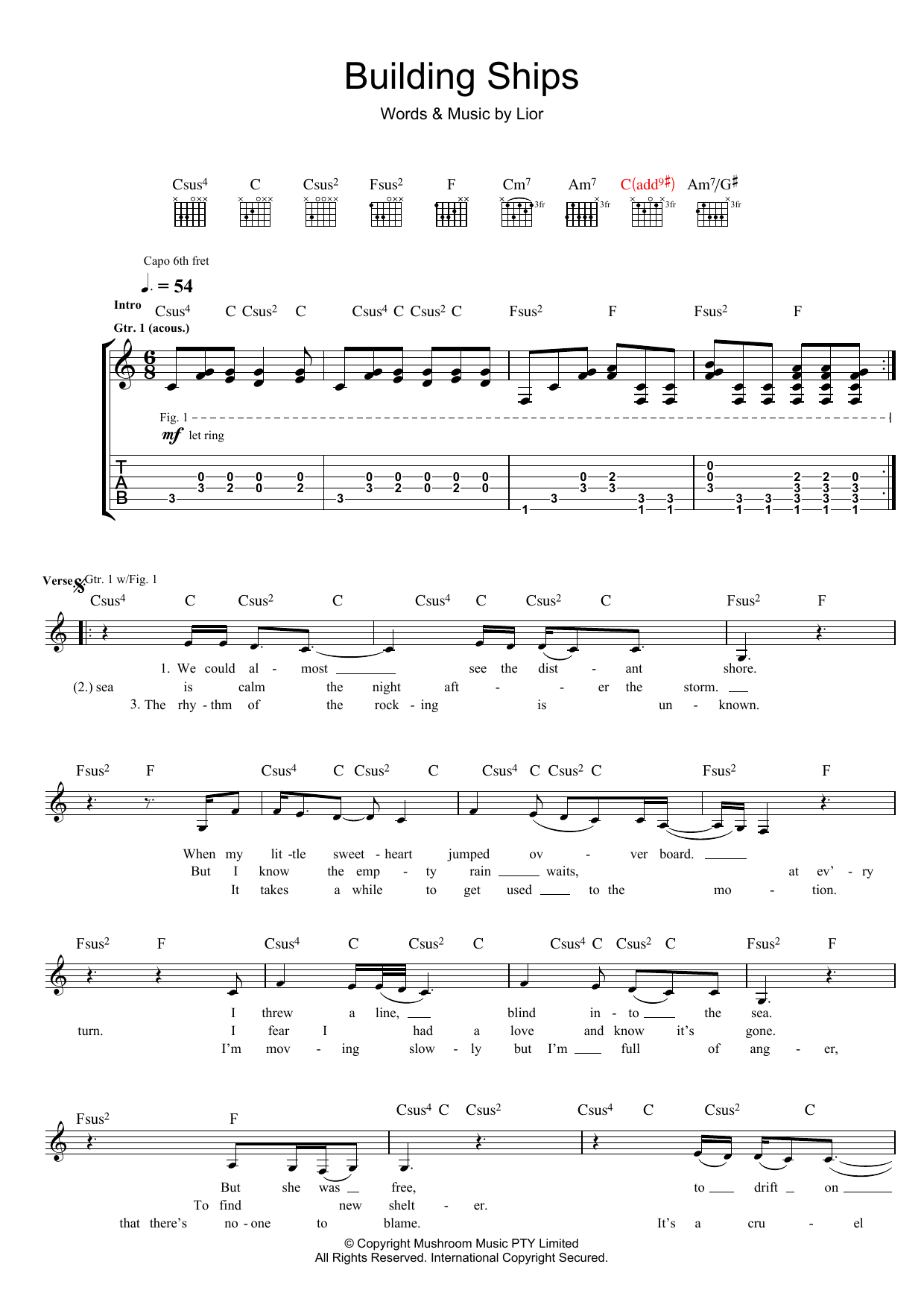 Lior Building Ships sheet music notes and chords arranged for Guitar Tab