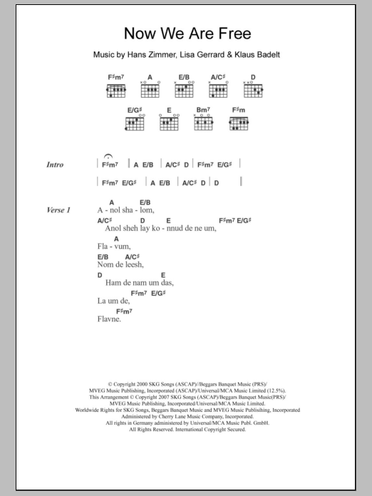 Lisa Gerrard Now We Are Free (from Gladiator) sheet music notes and chords. Download Printable PDF.