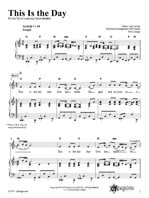 Learn to play Lisa Levine This Is the Day sheet music for Piano, Vocal & Guitar Chords (Right-Hand Melody) in minutes. Price: 6.9900$ Lisa Levine This Is the Day sheet music notes and chords arranged for Piano, Vocal & Guitar Chords (Right-Hand Melody)