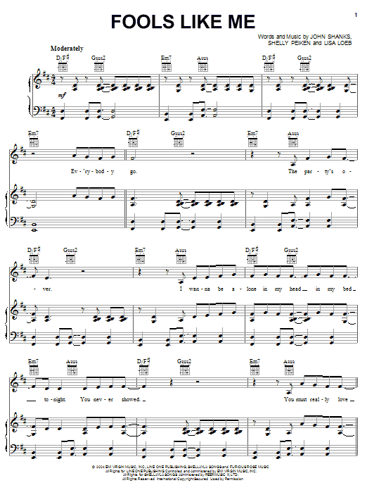 Learn to play Lisa Loeb Fools Like Me sheet music for Piano, Vocal & Guitar Chords (Right-Hand Melody) in minutes. Price: 7.8900$ Lisa Loeb Fools Like Me sheet music notes and chords arranged for Piano, Vocal & Guitar Chords (Right-Hand Melody)