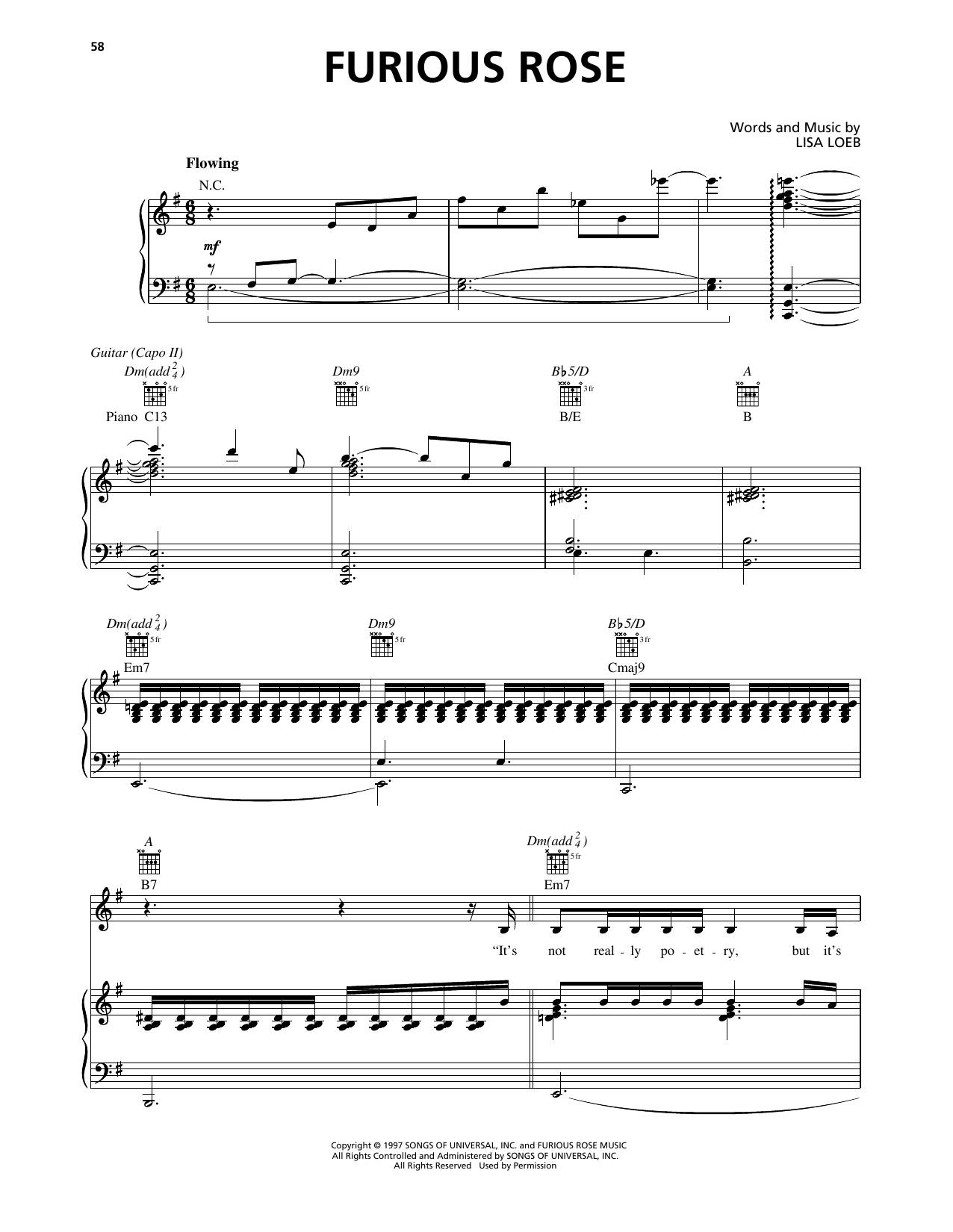 Learn to play Lisa Loeb Furious Rose sheet music for Piano, Vocal & Guitar Chords (Right-Hand Melody) in minutes. Price: 7.8900$ Lisa Loeb Furious Rose sheet music notes and chords arranged for Piano, Vocal & Guitar Chords (Right-Hand Melody)