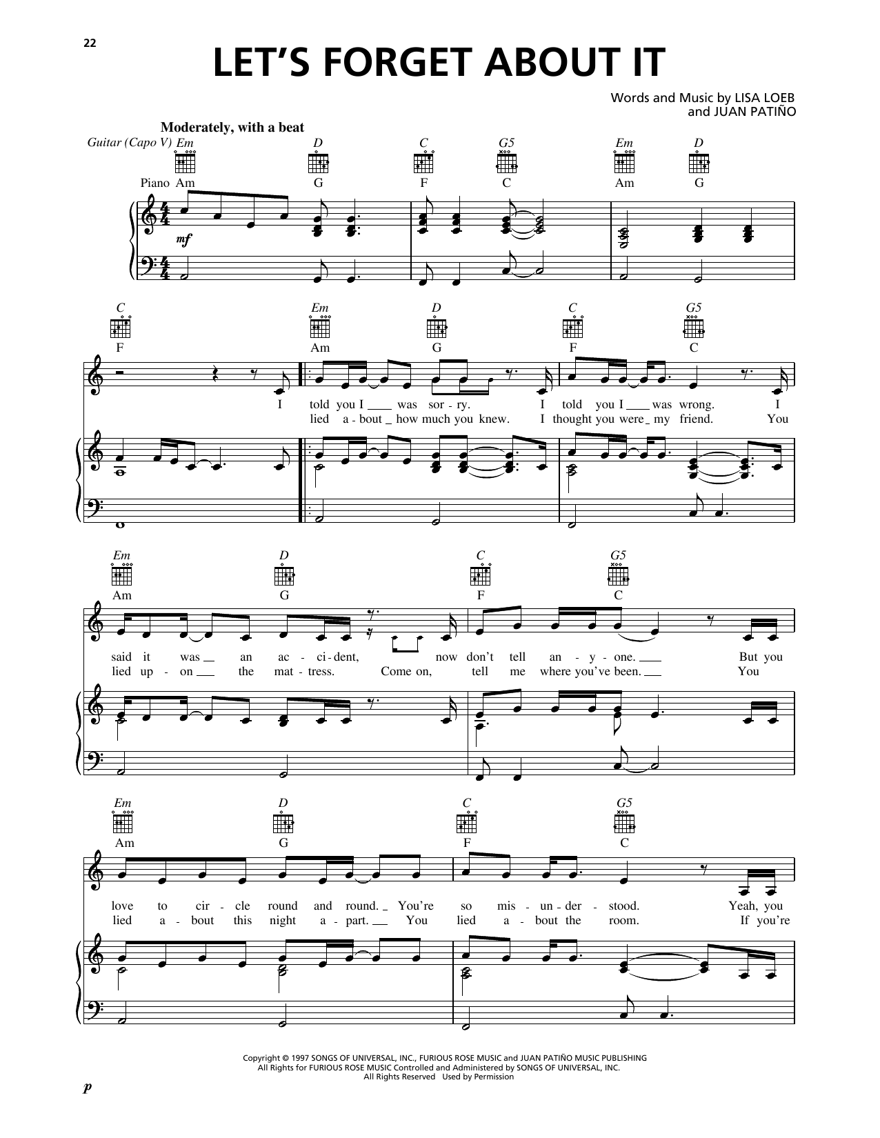 Learn to play Lisa Loeb Let's Forget About It sheet music for Piano, Vocal & Guitar Chords (Right-Hand Melody) in minutes. Price: 7.8900$ Lisa Loeb Let's Forget About It sheet music notes and chords arranged for Piano, Vocal & Guitar Chords (Right-Hand Melody)
