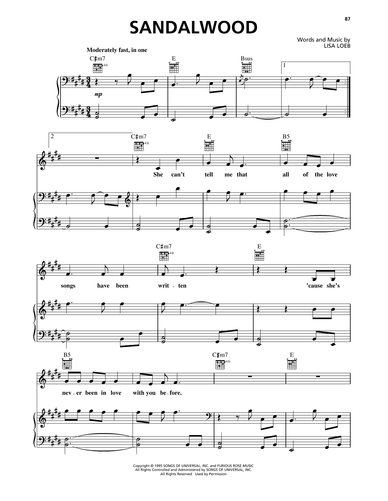 Learn to play Lisa Loeb & Nine Stories Sandalwood sheet music for Piano, Vocal & Guitar Chords (Right-Hand Melody) in minutes. Price: 7.8900$ Lisa Loeb & Nine Stories Sandalwood sheet music notes and chords arranged for Piano, Vocal & Guitar Chords (Right-Hand Melody)