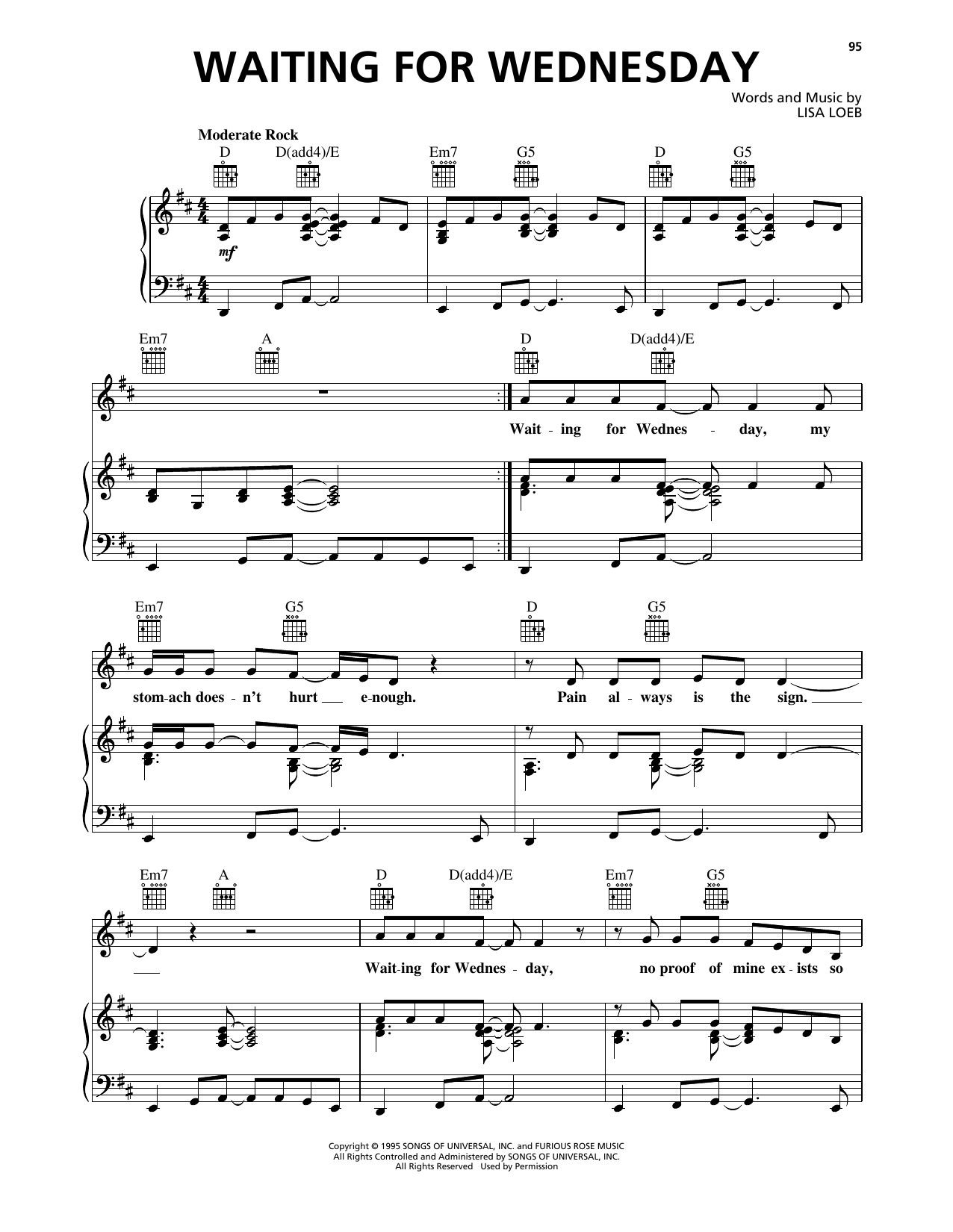 Learn to play Lisa Loeb & Nine Stories Waiting For Wednesday sheet music for Piano, Vocal & Guitar Chords (Right-Hand Melody) in minutes. Price: 7.8900$ Lisa Loeb & Nine Stories Waiting For Wednesday sheet music notes and chords arranged for Piano, Vocal & Guitar Chords (Right-Hand Melody)