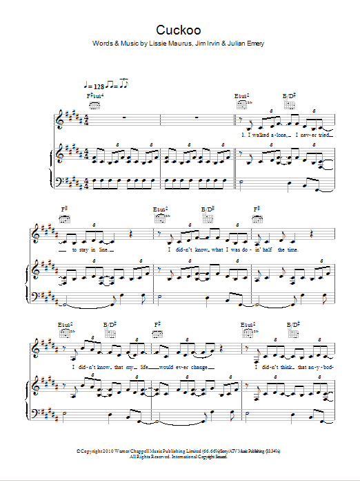 Learn to play Lissie Cuckoo sheet music for Piano, Vocal & Guitar Chords in minutes. Price: 7.8900$ Lissie Cuckoo sheet music notes and chords arranged for Piano, Vocal & Guitar Chords