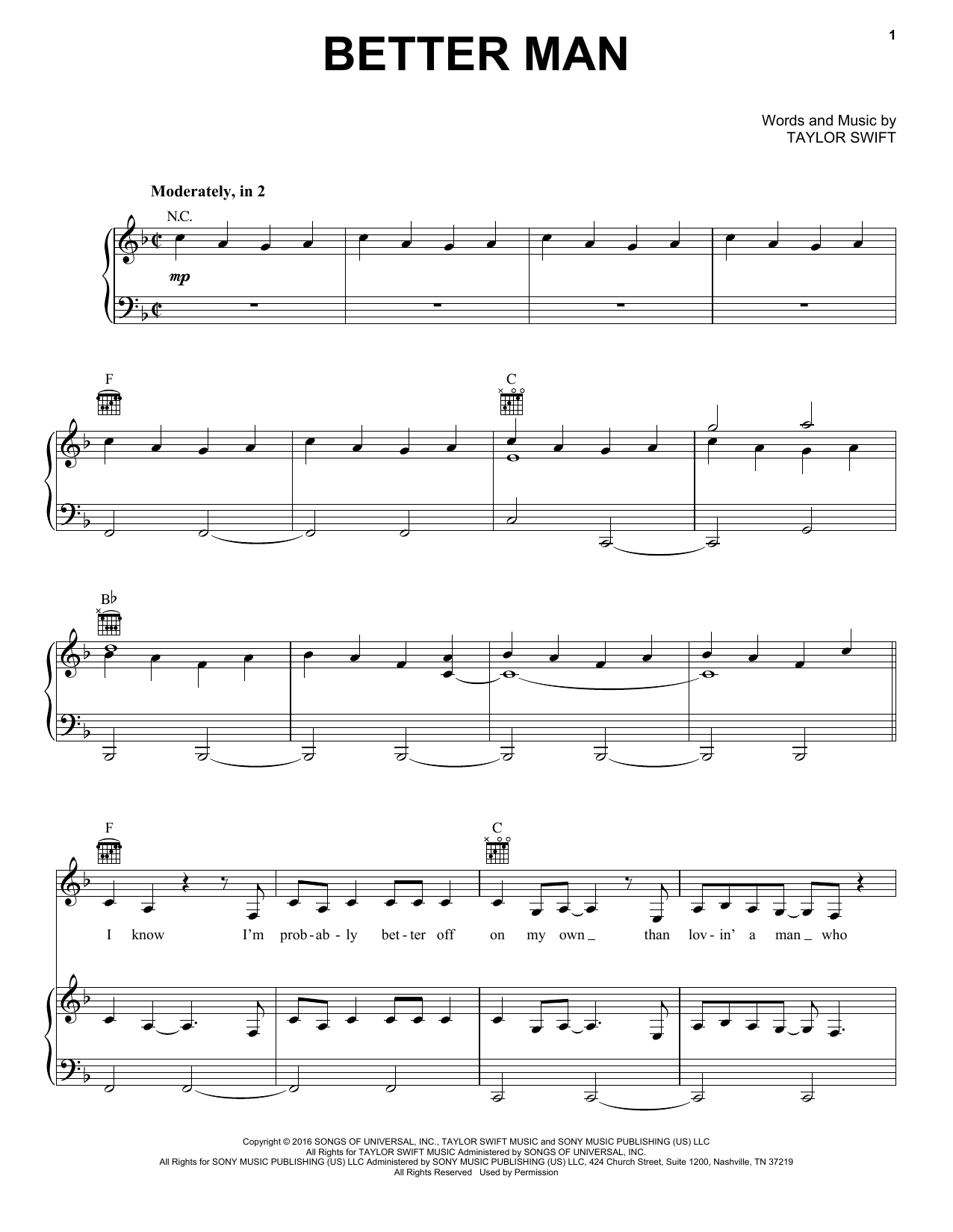 Little Big Town Better Man sheet music notes and chords. Download Printable PDF.