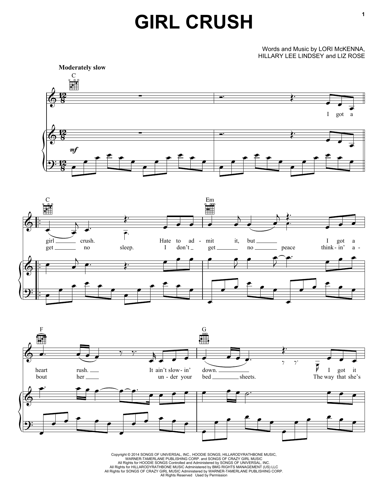 Little Big Town Girl Crush sheet music notes and chords. Download Printable PDF.