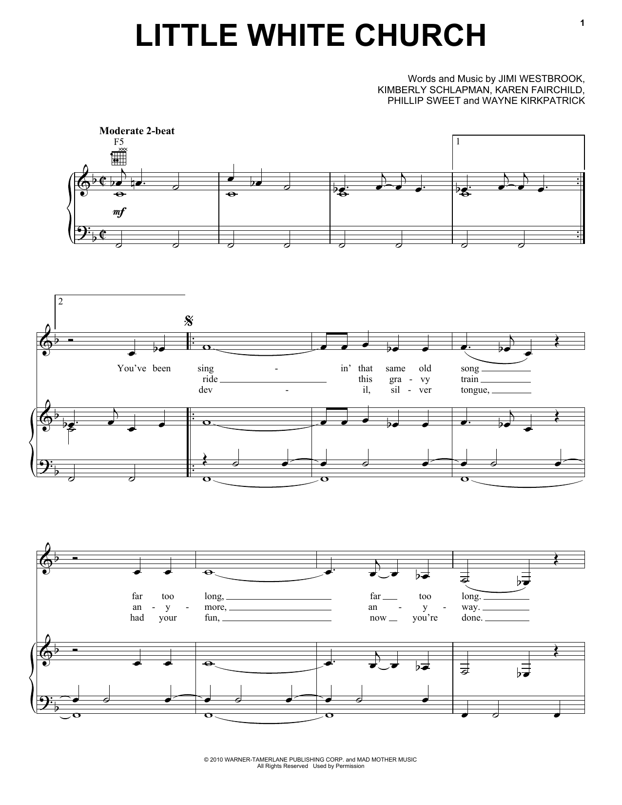 Learn to play Little Big Town Little White Church sheet music for Piano, Vocal & Guitar Chords (Right-Hand Melody) in minutes. Price: 7.8900$ Little Big Town Little White Church sheet music notes and chords arranged for Piano, Vocal & Guitar Chords (Right-Hand Melody)