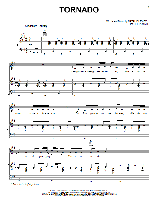 Learn to play Little Big Town Tornado sheet music for Piano, Vocal & Guitar Chords (Right-Hand Melody) in minutes. Price: 7.8900$ Little Big Town Tornado sheet music notes and chords arranged for Piano, Vocal & Guitar Chords (Right-Hand Melody)