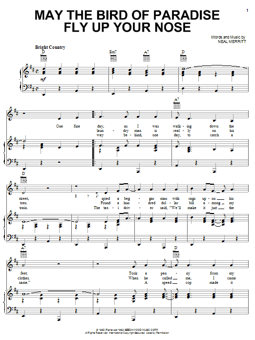 Little Jimmy Dickens May The Bird Of Paradise Fly Up Your Nose sheet music notes and chords. Download Printable PDF.