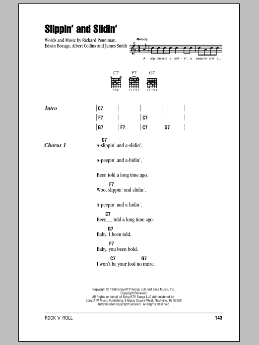 Little Richard Slippin' And Slidin' sheet music notes and chords. Download Printable PDF.