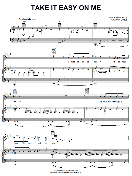 Learn to play Little River Band Take It Easy On Me sheet music for Piano, Vocal & Guitar Chords (Right-Hand Melody) in minutes. Price: 7.8900$ Little River Band Take It Easy On Me sheet music notes and chords arranged for Piano, Vocal & Guitar Chords (Right-Hand Melody)