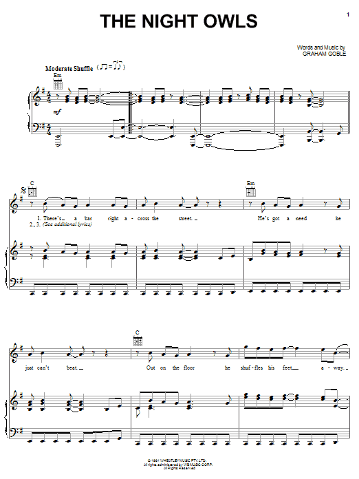 Learn to play Little River Band The Night Owls sheet music for Piano, Vocal & Guitar Chords (Right-Hand Melody) in minutes. Price: 7.8900$ Little River Band The Night Owls sheet music notes and chords arranged for Piano, Vocal & Guitar Chords (Right-Hand Melody)