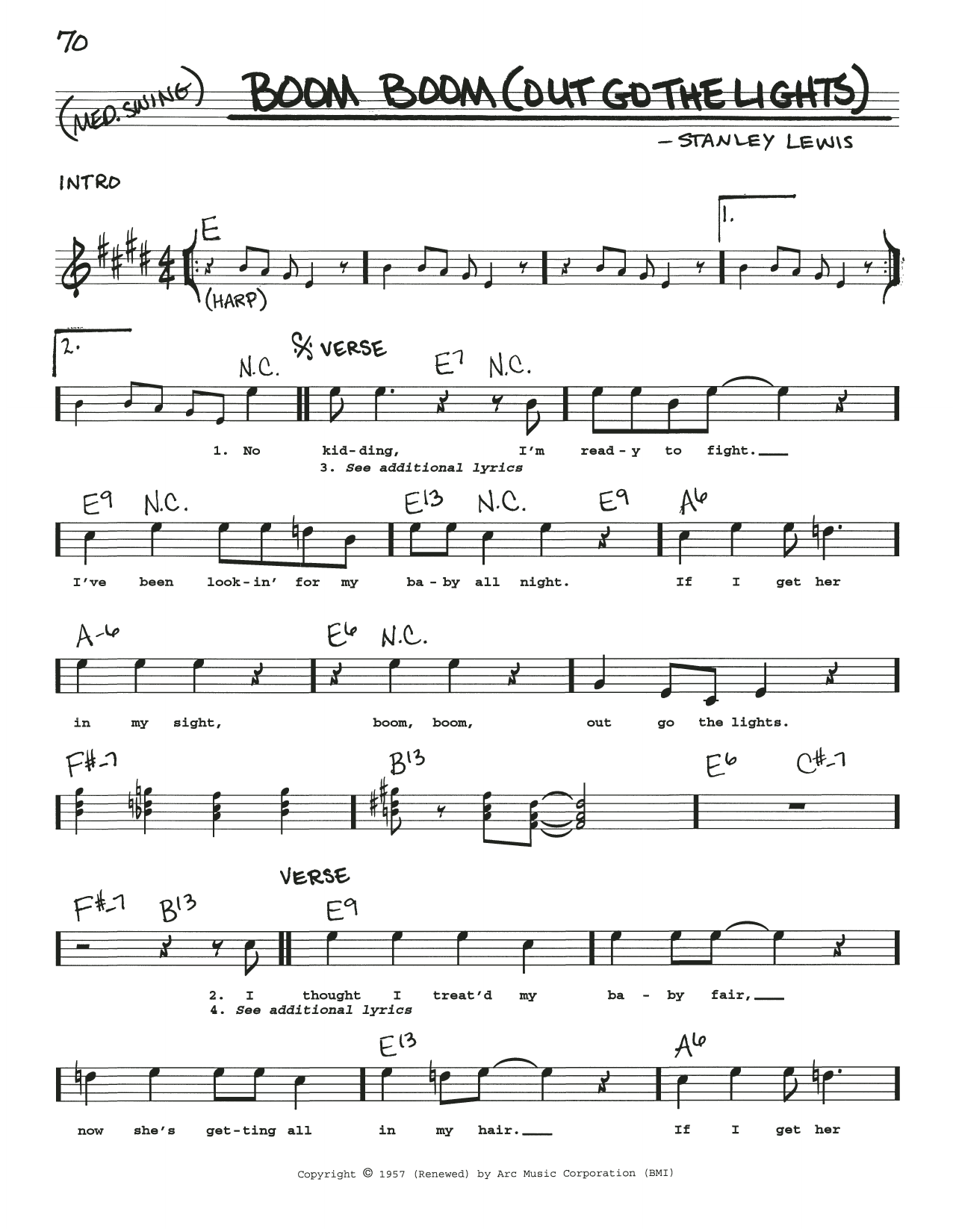 Little Walter Boom Boom (Out Go The Lights) sheet music notes and chords arranged for Real Book – Melody, Lyrics & Chords