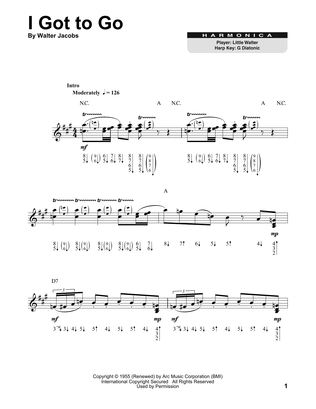 Little Walter I Got To Go sheet music notes and chords. Download Printable PDF.