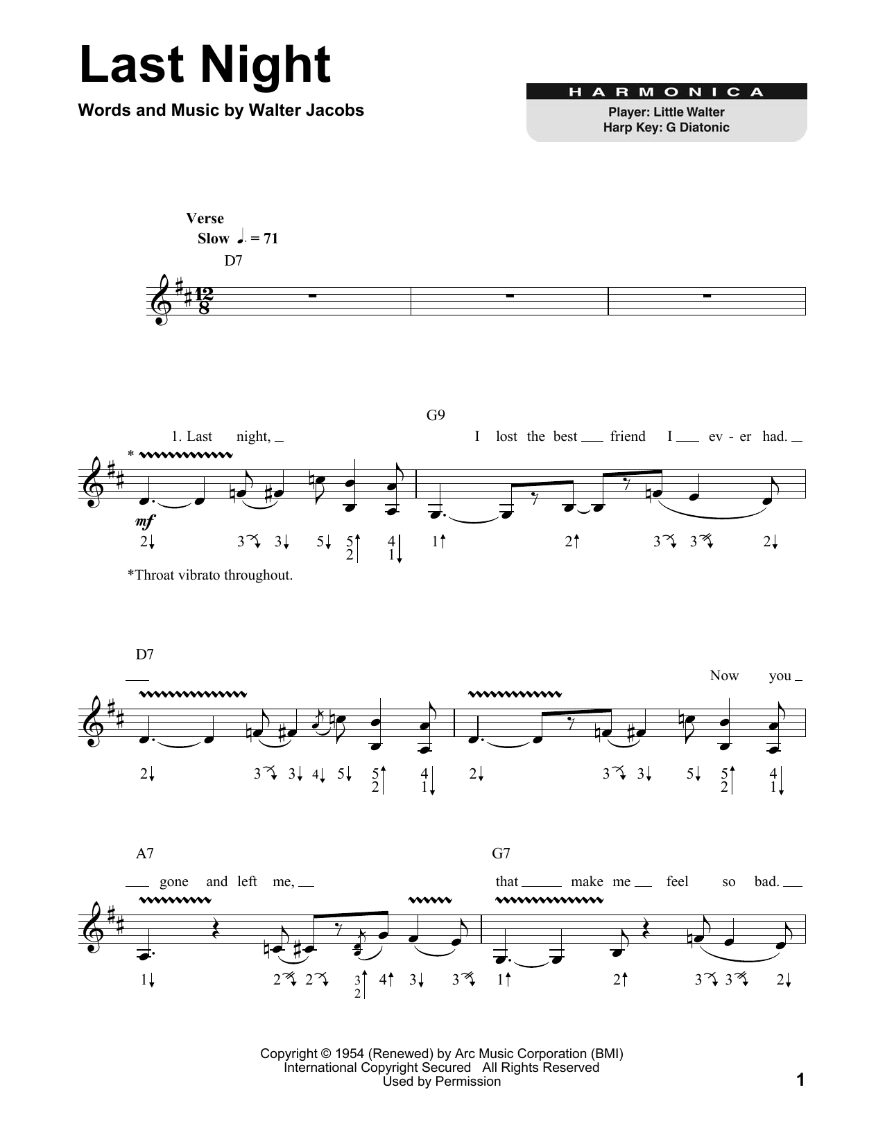 Little Walter Last Night sheet music notes and chords. Download Printable PDF.