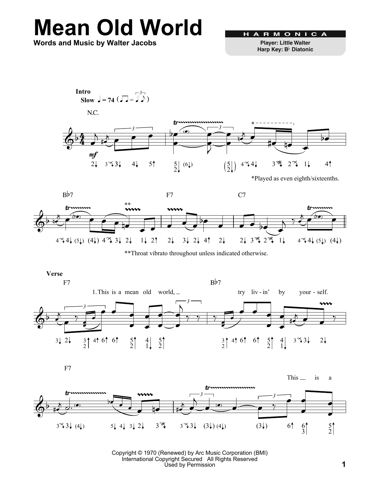 Little Walter Mean Old World sheet music notes and chords. Download Printable PDF.