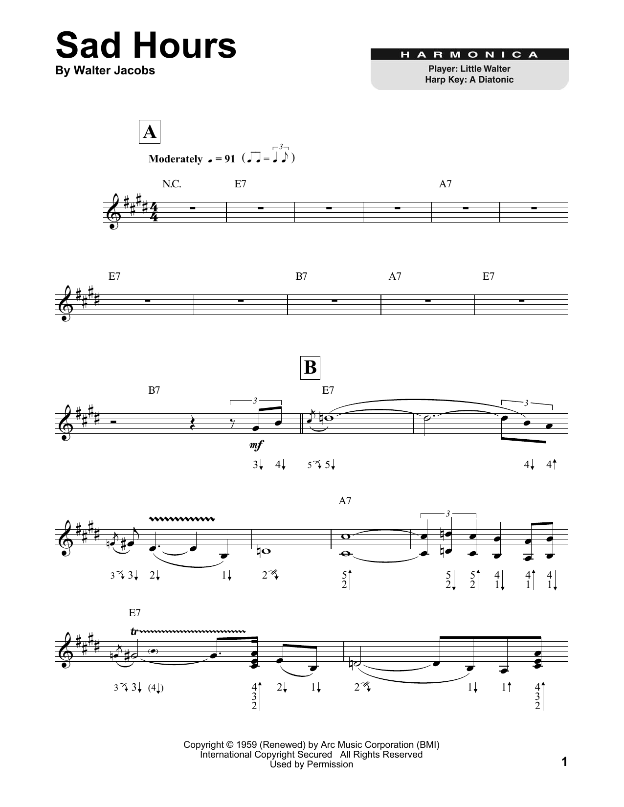 Little Walter Sad Hours sheet music notes and chords. Download Printable PDF.