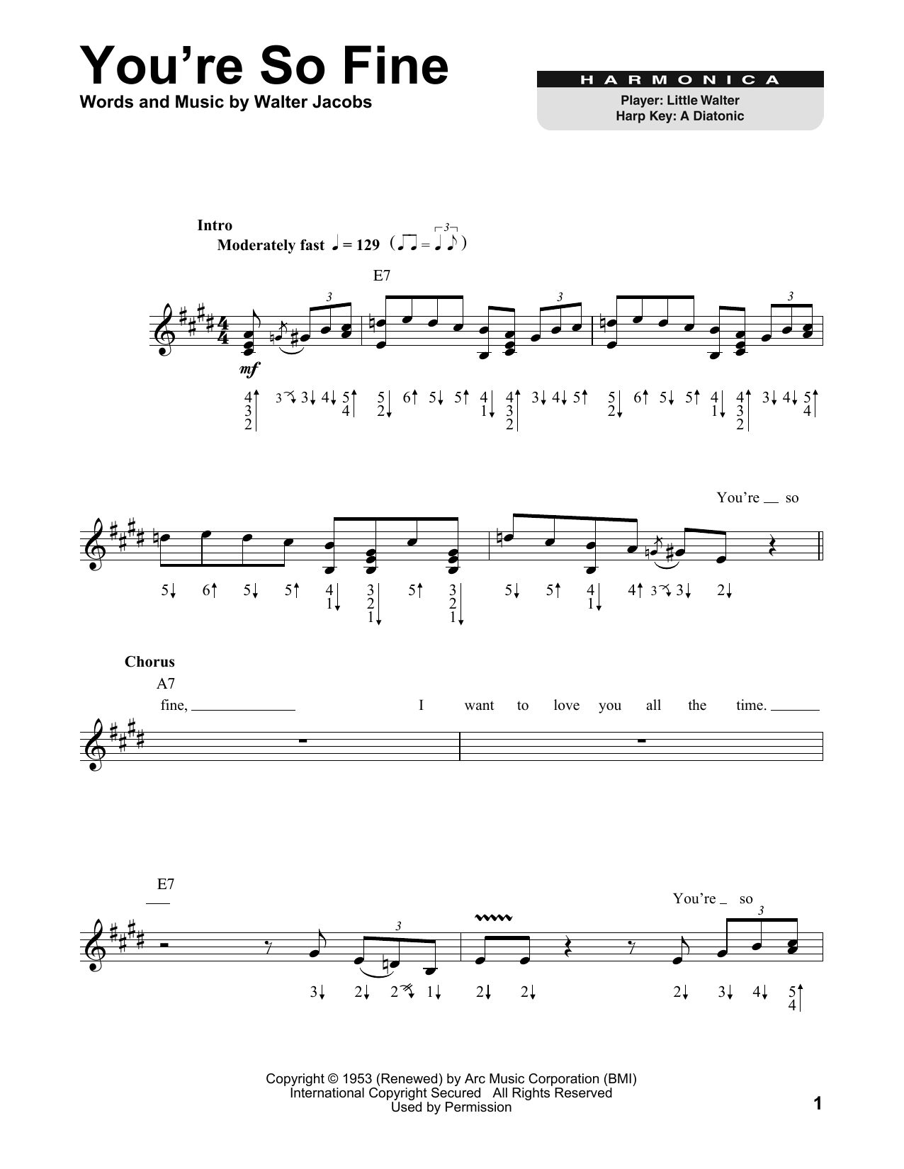 Little Walter You're So Fine sheet music notes and chords. Download Printable PDF.