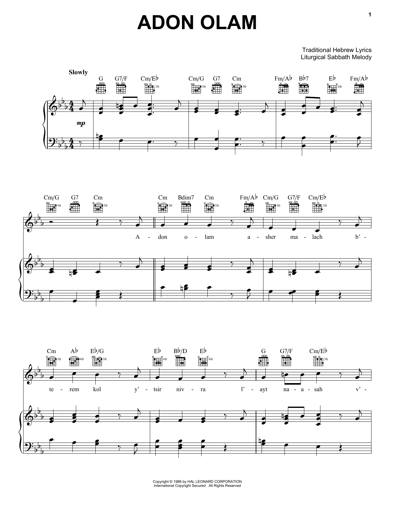 Learn to play Liturgical Sabbath Melody Adon Olom sheet music for Piano, Vocal & Guitar Chords (Right-Hand Melody) in minutes. Price: 7.8900$ Liturgical Sabbath Melody Adon Olom sheet music notes and chords arranged for Piano, Vocal & Guitar Chords (Right-Hand Melody)