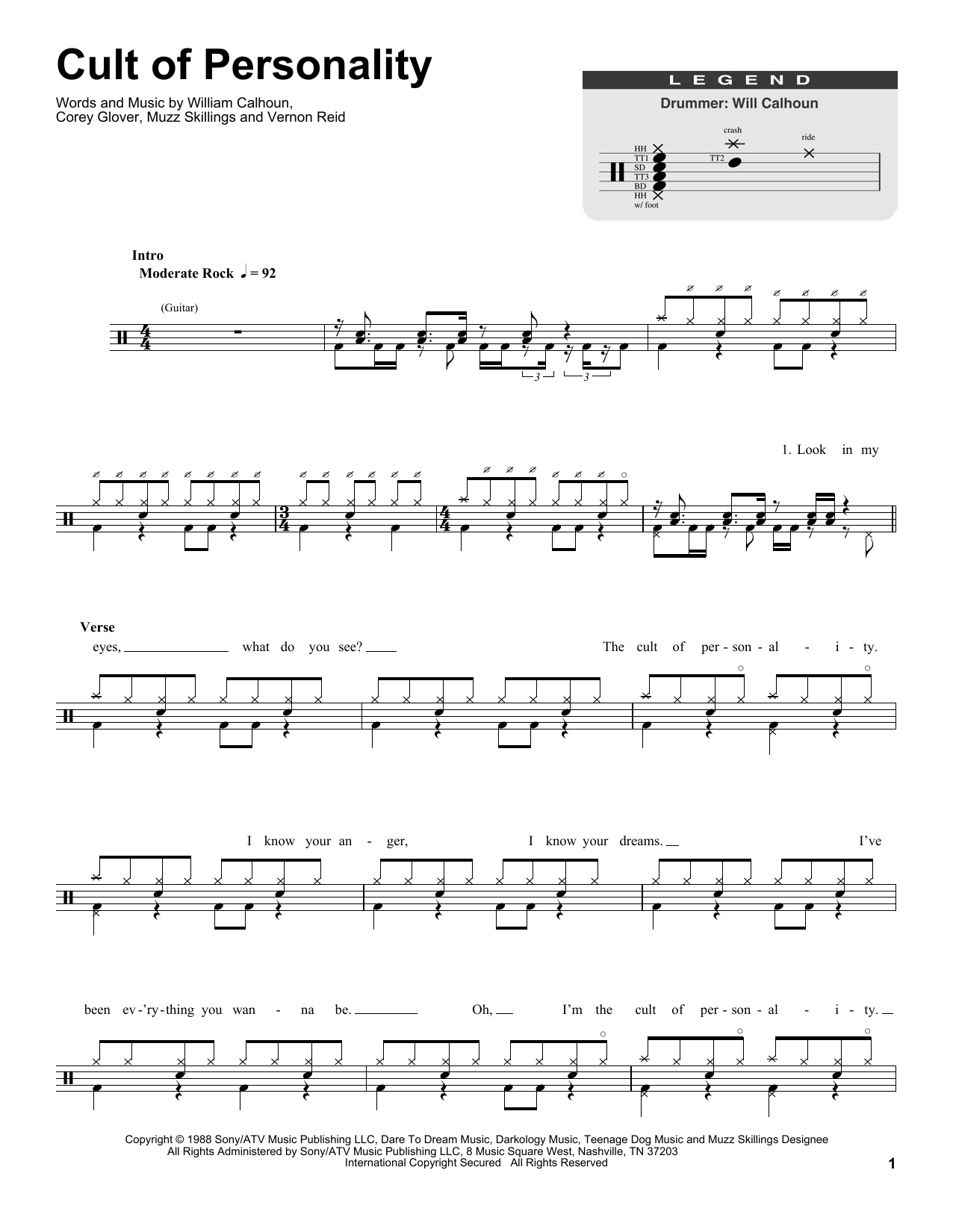 Living Colour Cult Of Personality sheet music notes and chords. Download Printable PDF.