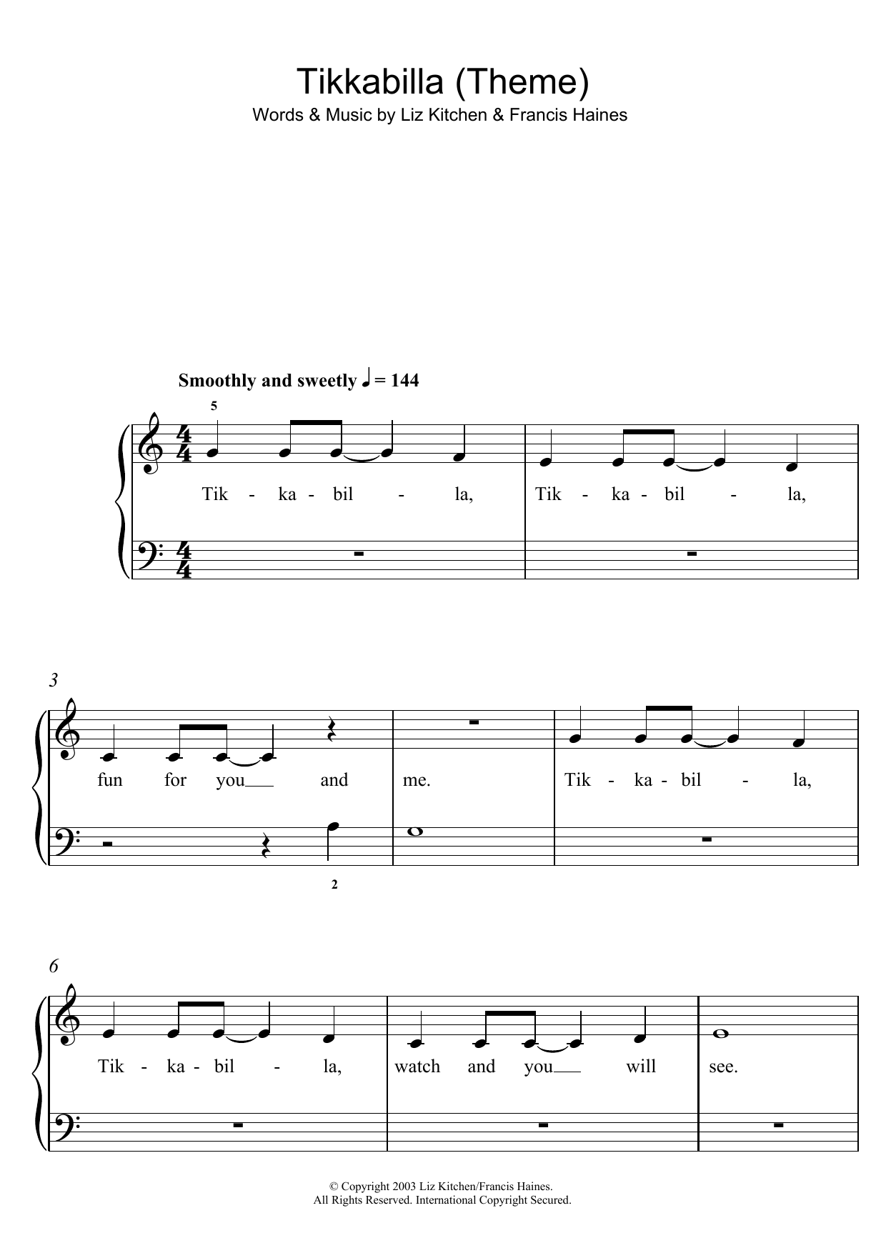 Liz Kitchen Tikkabilla (Theme) sheet music notes and chords. Download Printable PDF.