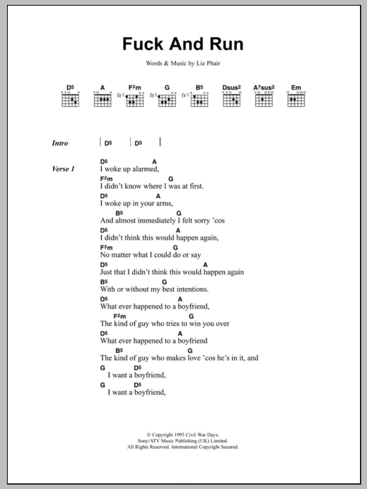 Liz Phair Fuck And Run sheet music notes and chords. Download Printable PDF.