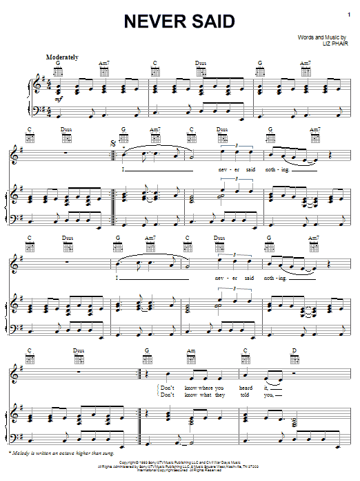 Learn to play Liz Phair Never Said sheet music for Piano, Vocal & Guitar Chords (Right-Hand Melody) in minutes. Price: 7.8900$ Liz Phair Never Said sheet music notes and chords arranged for Piano, Vocal & Guitar Chords (Right-Hand Melody)