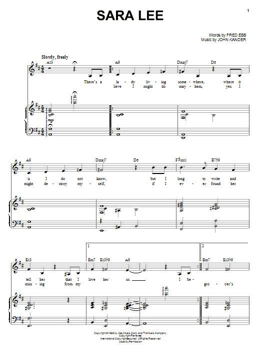 Learn to play Liza Minnelli Sara Lee sheet music for Piano & Vocal in minutes. Price: 7.8900$ Liza Minnelli Sara Lee sheet music notes and chords arranged for Piano & Vocal