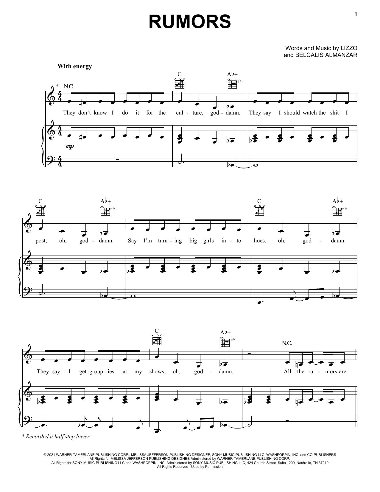 Lizzo ft. Cardi B Rumors sheet music notes and chords arranged for Piano, Vocal & Guitar Chords (Right-Hand Melody)