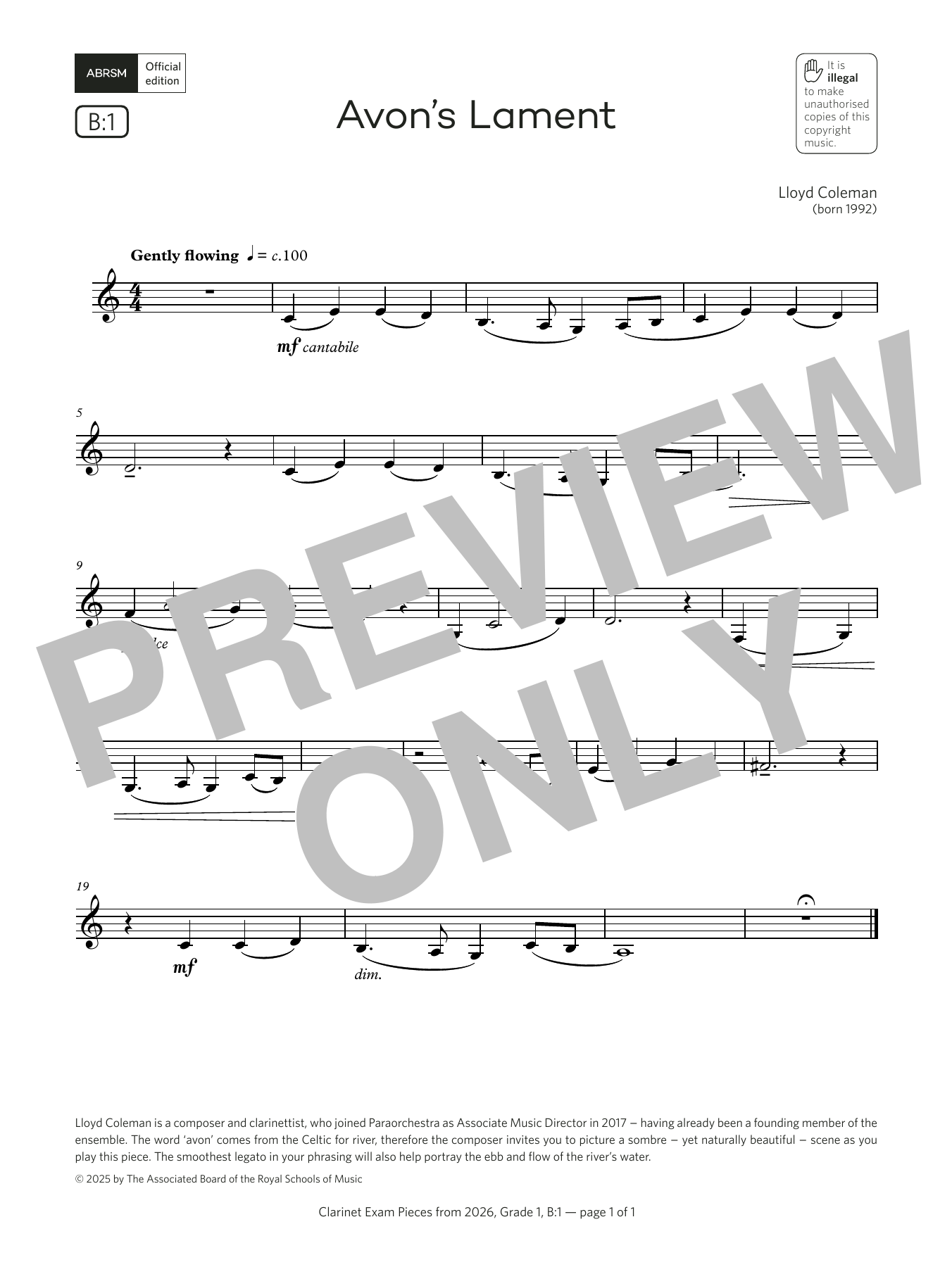 Learn to play Lloyd Coleman Avon's Lament (Grade 1, list B1, from the ABRSM Clarinet Syllabus from 2026) sheet music for Clarinet Solo in minutes. Price: 3.9900$ Lloyd Coleman Avon's Lament (Grade 1, list B1, from the ABRSM Clarinet Syllabus from 2026) sheet music notes and chords arranged for Clarinet Solo