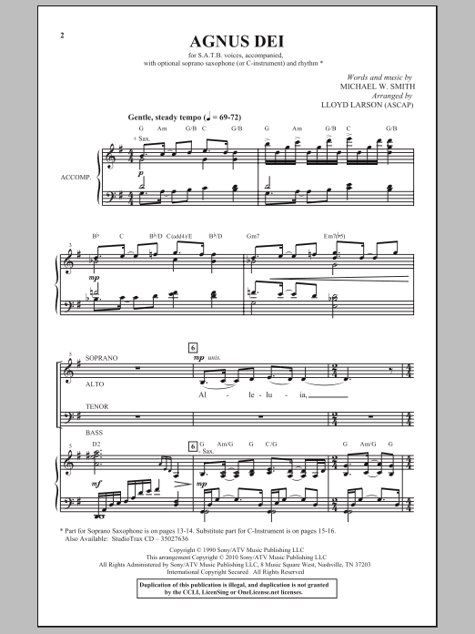 Learn to play Lloyd Larson Agnus Dei sheet music for SATB Choir in minutes. Price: 3.9900$ Lloyd Larson Agnus Dei sheet music notes and chords arranged for SATB Choir