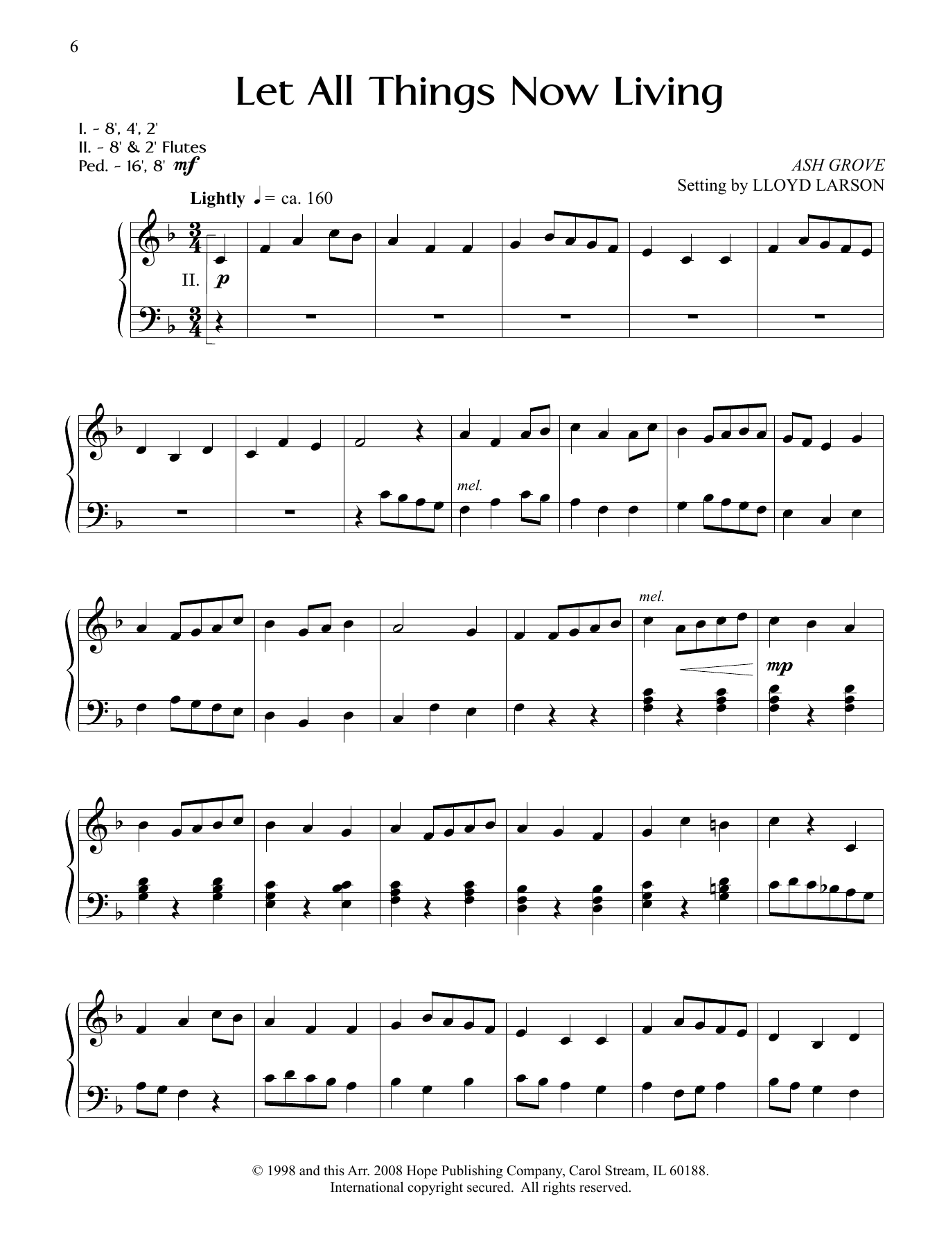 Lloyd Larson Let All Things Now Living sheet music notes and chords arranged for Organ