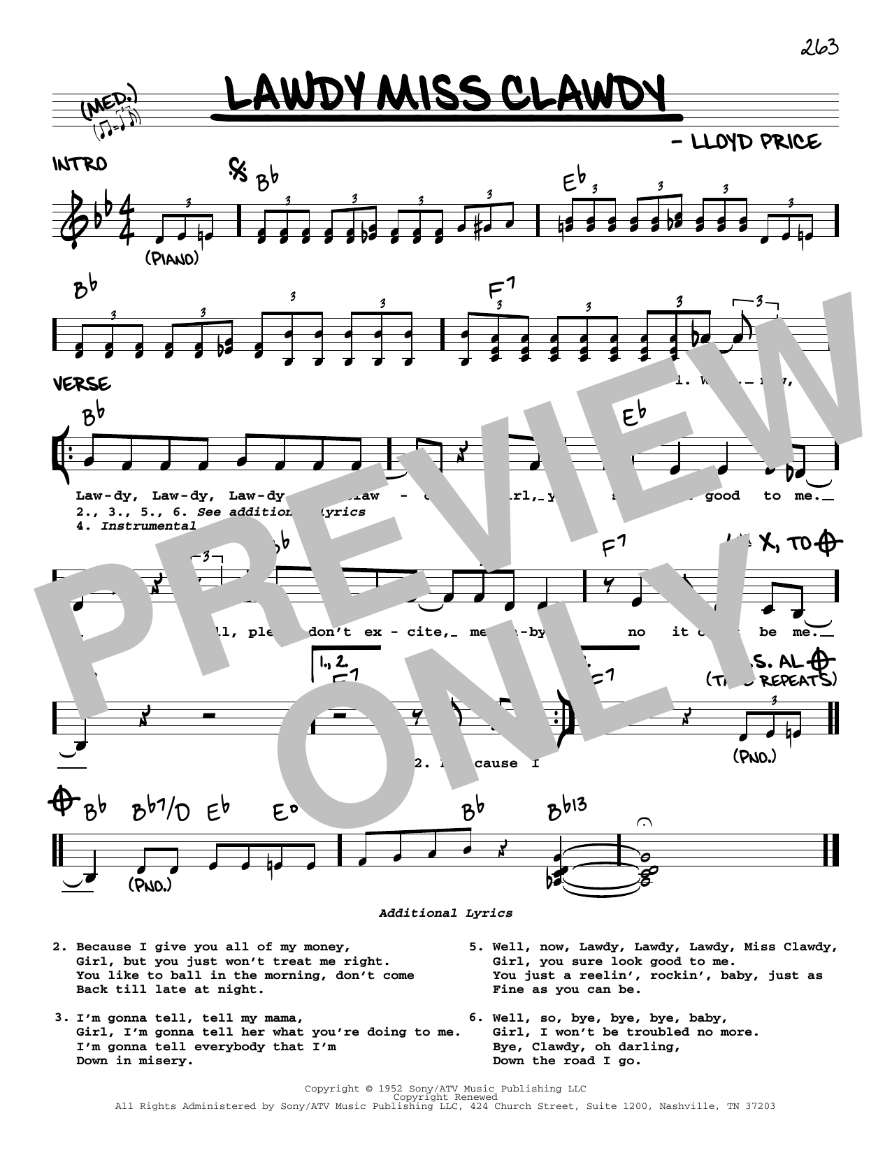 Lloyd Price Lawdy Miss Clawdy sheet music notes and chords arranged for Real Book – Melody & Chords