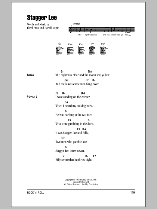 Learn to play Lloyd Price Stagger Lee sheet music for Piano, Vocal & Guitar Chords (Right-Hand Melody) in minutes. Price: 7.8900$ Lloyd Price Stagger Lee sheet music notes and chords arranged for Piano, Vocal & Guitar Chords (Right-Hand Melody)