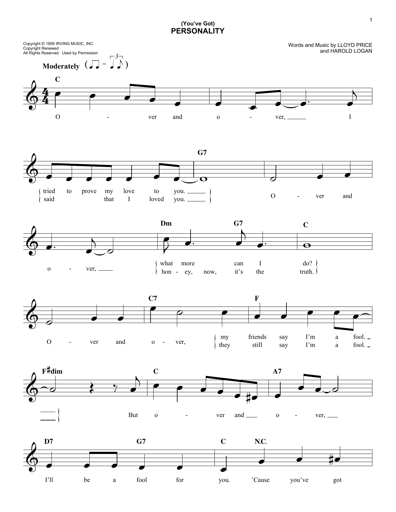 Lloyd Price (You've Got) Personality sheet music notes and chords. Download Printable PDF.