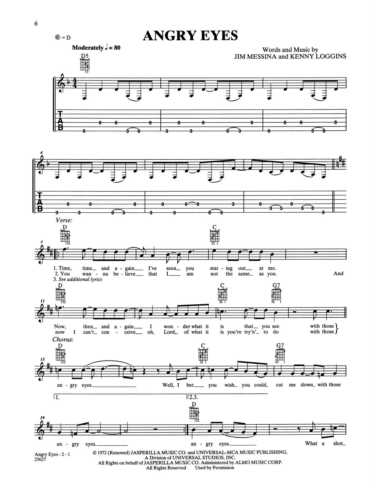 Loggins & Messina Angry Eyes sheet music notes and chords. Download Printable PDF.