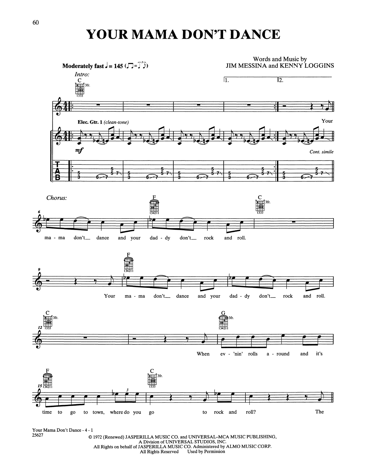 Loggins & Messina Your Mama Don't Dance sheet music notes and chords. Download Printable PDF.