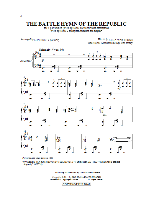 Learn to play Lon Beery Battle Hymn Of The Republic sheet music for 3-Part Mixed Choir in minutes. Price: 3.9900$ Lon Beery Battle Hymn Of The Republic sheet music notes and chords arranged for 3-Part Mixed Choir