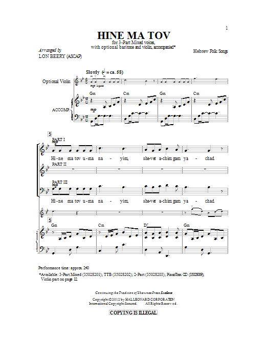 Lon Beery Hineh Ma Tov sheet music notes and chords arranged for 3-Part Mixed Choir