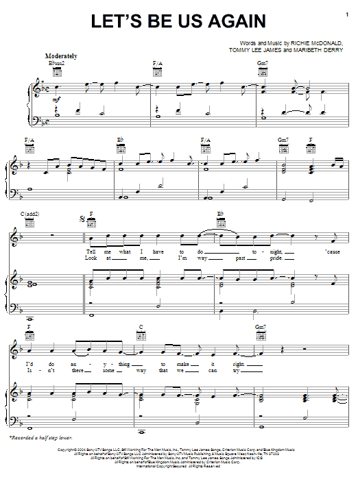Learn to play Lonestar Let's Be Us Again sheet music for Piano, Vocal & Guitar Chords (Right-Hand Melody) in minutes. Price: 7.8900$ Lonestar Let's Be Us Again sheet music notes and chords arranged for Piano, Vocal & Guitar Chords (Right-Hand Melody)