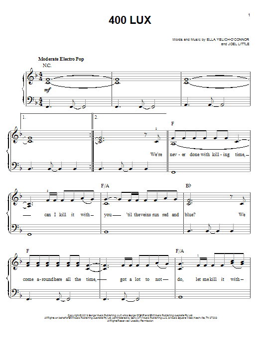 Lorde 400 Lux sheet music notes and chords. Download Printable PDF.