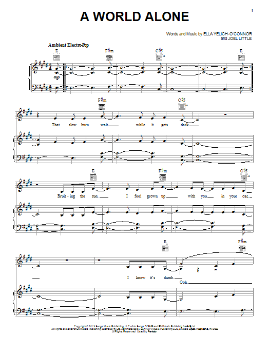 Learn to play Lorde A World Alone sheet music for Piano, Vocal & Guitar Chords (Right-Hand Melody) in minutes. Price: 7.8900$ Lorde A World Alone sheet music notes and chords arranged for Piano, Vocal & Guitar Chords (Right-Hand Melody)
