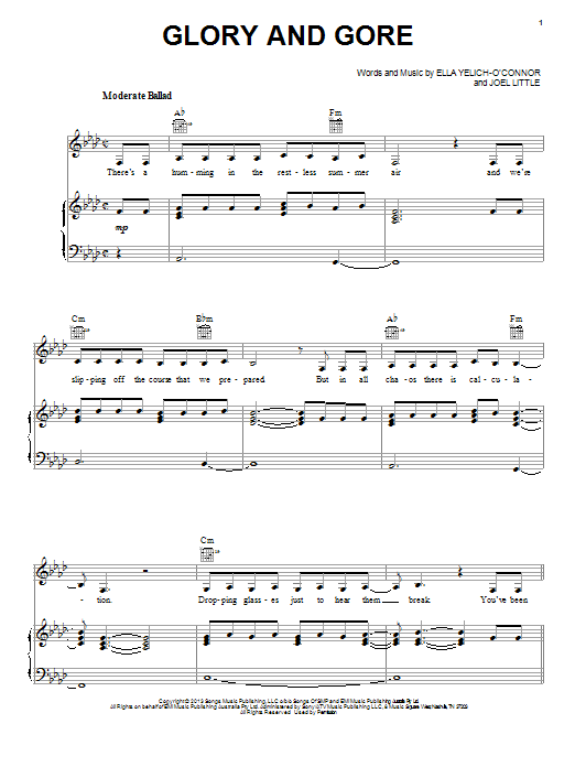 Learn to play Lorde Glory And Gore sheet music for Piano, Vocal & Guitar Chords (Right-Hand Melody) in minutes. Price: 7.8900$ Lorde Glory And Gore sheet music notes and chords arranged for Piano, Vocal & Guitar Chords (Right-Hand Melody)