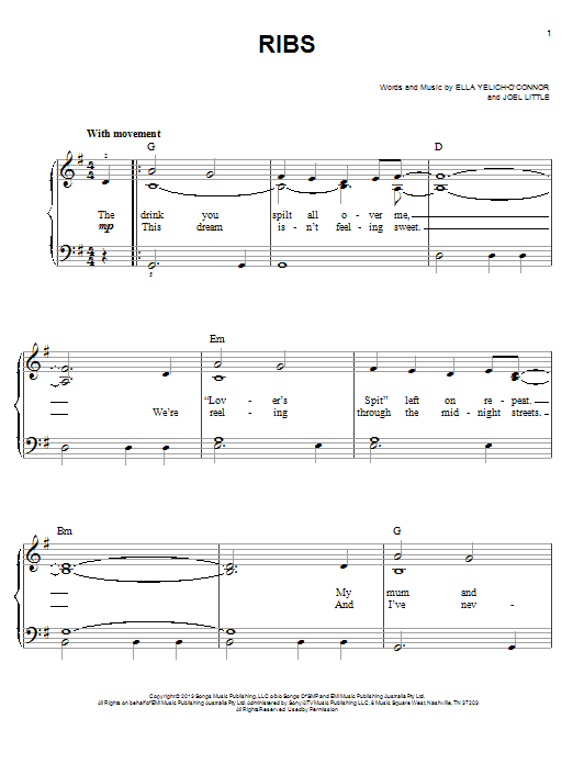 Lorde Ribs sheet music notes and chords arranged for Piano, Vocal & Guitar Chords (Right-Hand Melody)