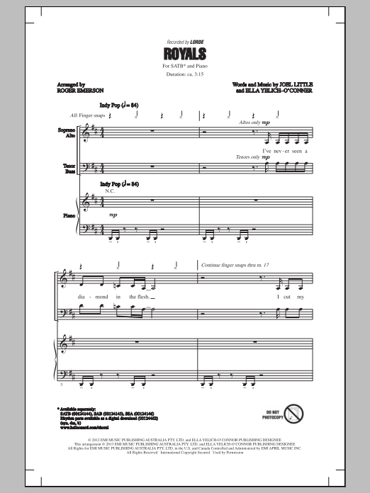 Lorde Royals (arr. Roger Emerson) sheet music notes and chords. Download Printable PDF.