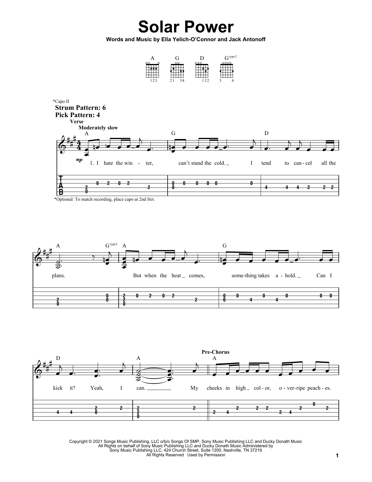 Lorde Solar Power sheet music notes and chords. Download Printable PDF.