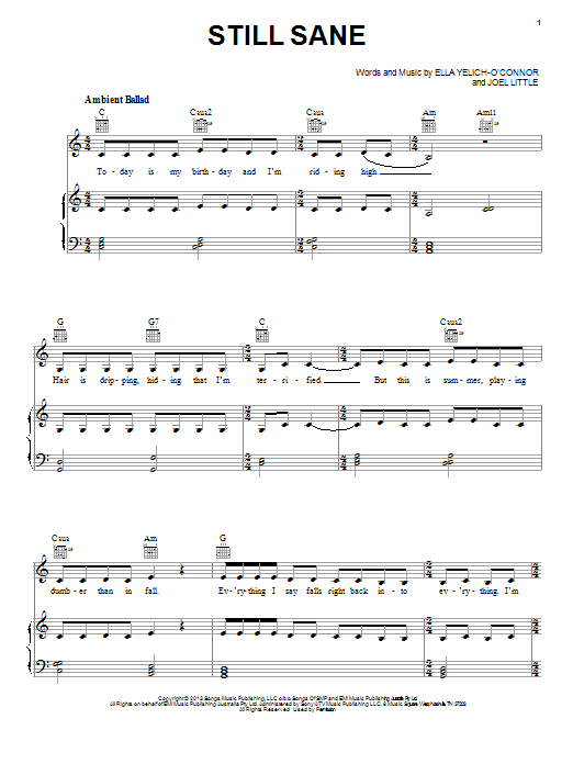 Learn to play Lorde Still Sane sheet music for Piano, Vocal & Guitar Chords (Right-Hand Melody) in minutes. Price: 7.8900$ Lorde Still Sane sheet music notes and chords arranged for Piano, Vocal & Guitar Chords (Right-Hand Melody)
