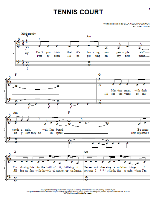 Lorde Tennis Court sheet music notes and chords. Download Printable PDF.