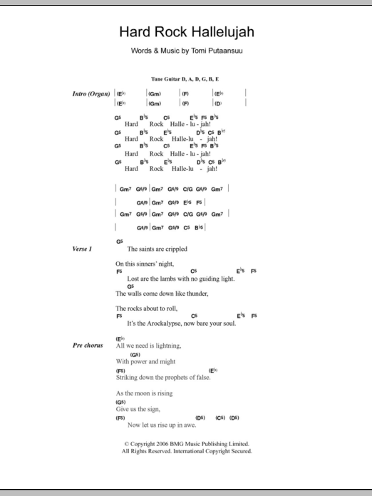 Lordi Hard Rock Hallelujah sheet music notes and chords arranged for Guitar Chords/Lyrics